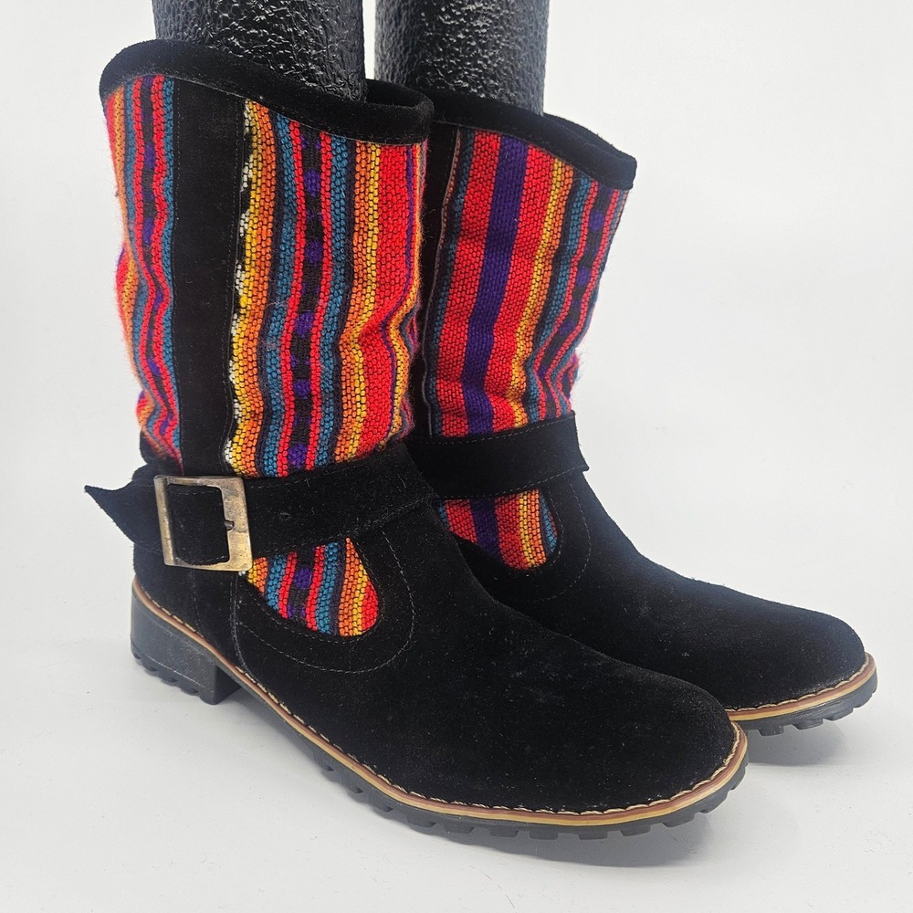 Boho Suede Woven Shaft Aztec‎ Print Boots Sz 38 Festival Boho Cottagecore Folk